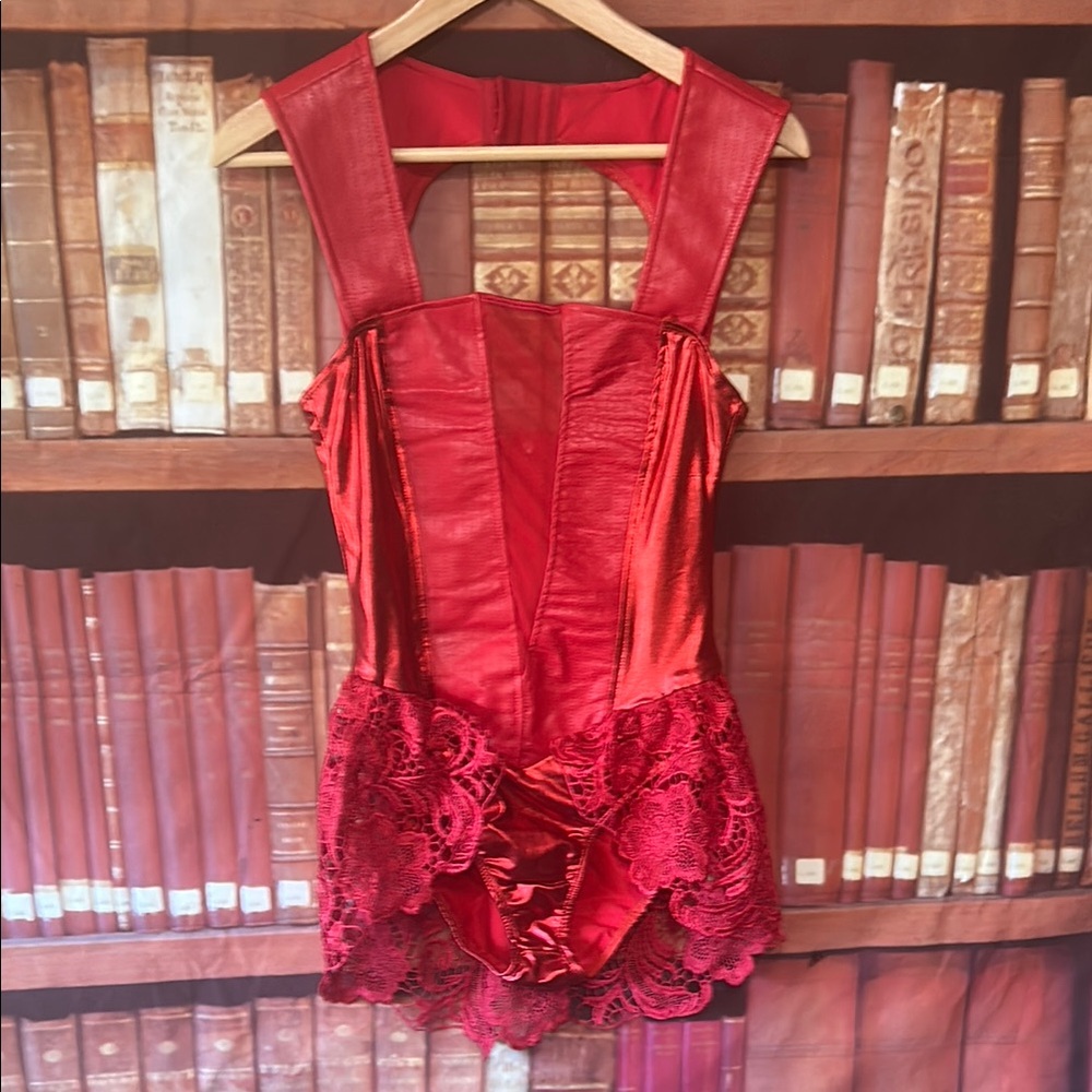 Spirit Halloween Adult Red Faux Leather Sexy Lace Bodysuit Mediumโ